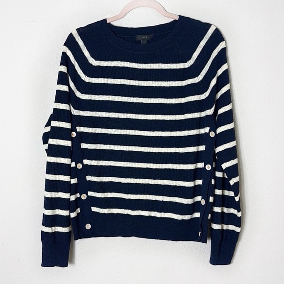 J. Crew Stripe Navy Blue White Pullover Sweater Crewneck Side Buttons size Large - Picture 1 of 8
